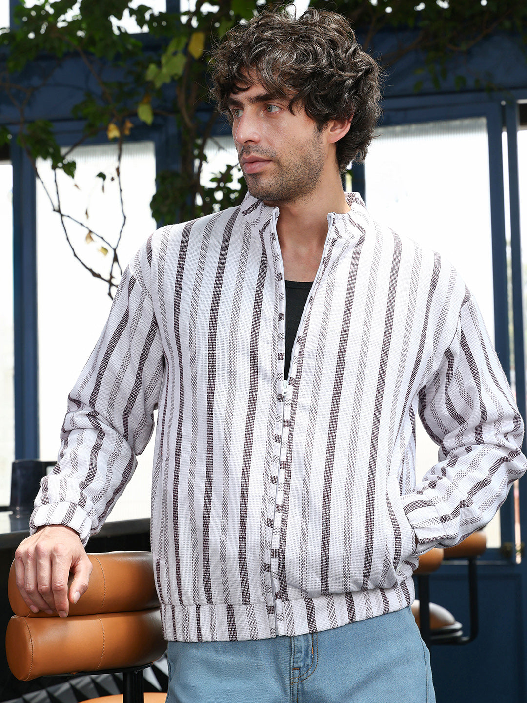 Striped-Dobby Bomber Jacket