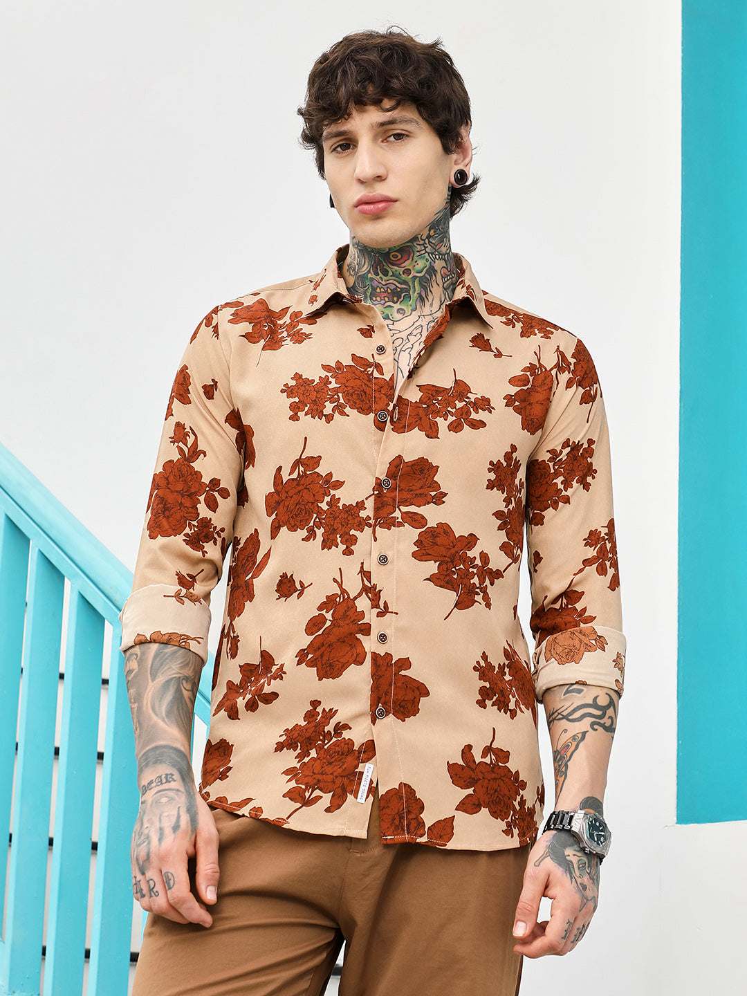 Contrast-Roses Imprint Shirt