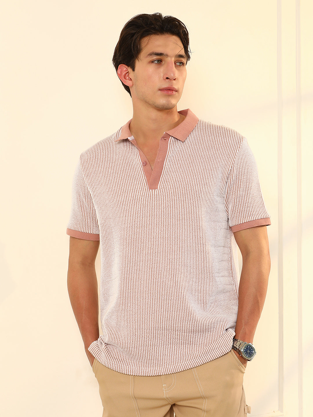 Seersucker-Striped Polo T-Shirt