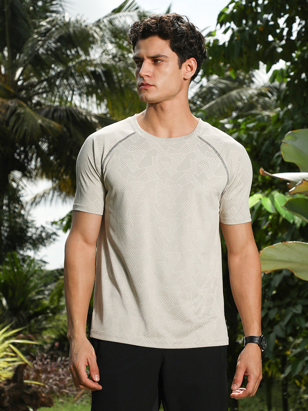 Saltbox Beige Abstract-Imprint Activewear T-Shirt